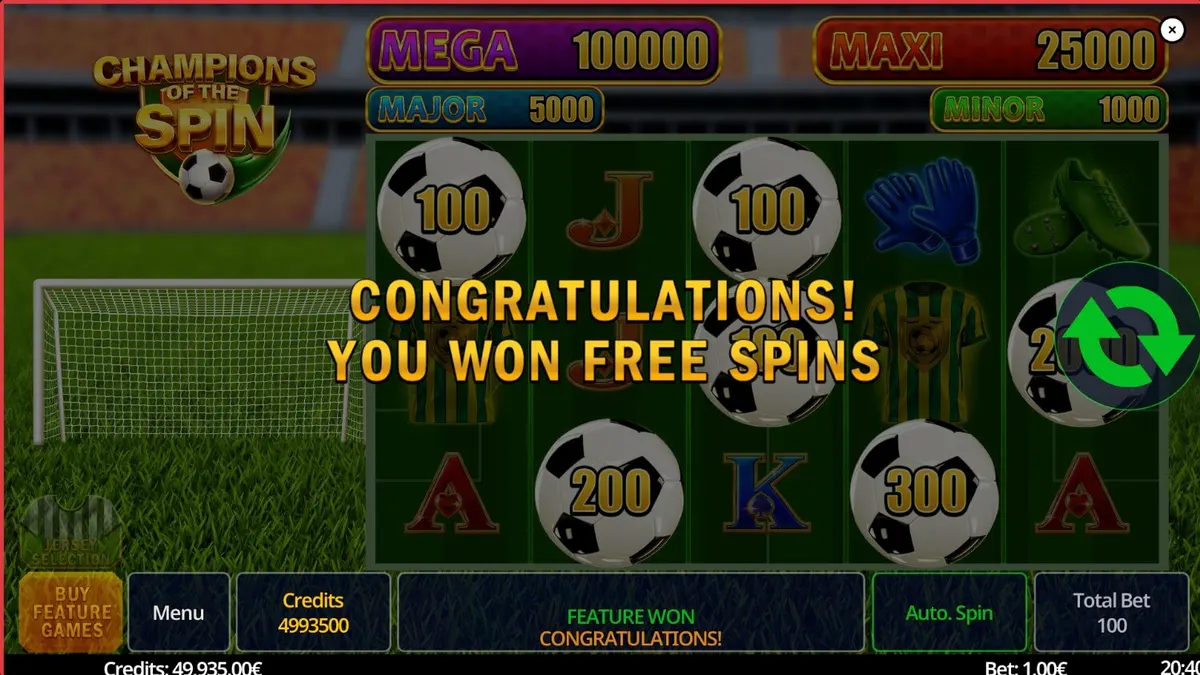 Interface do jogo de caça-níqueis Champion of The Spin com tema de futebol