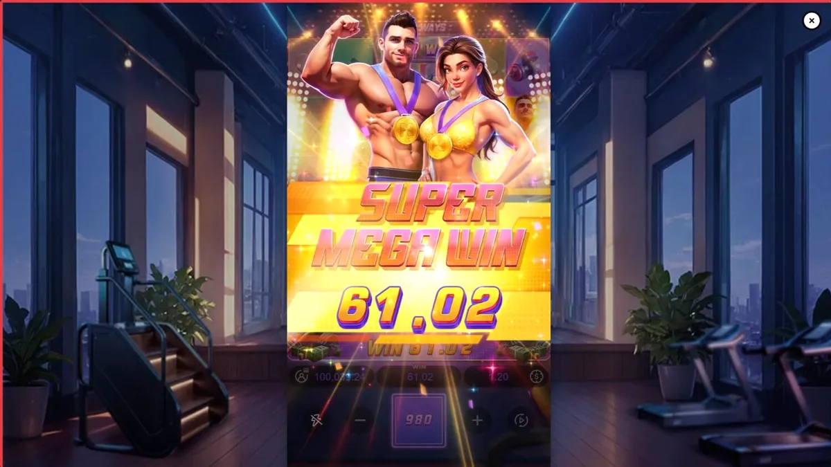 Interface vibrante do slot Mighty Mania com tema de fitness e neon